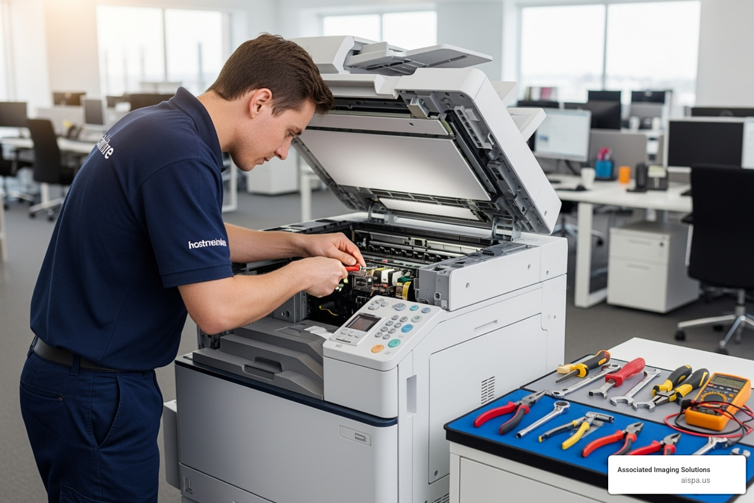 technician servicing a color copier - color copier rental