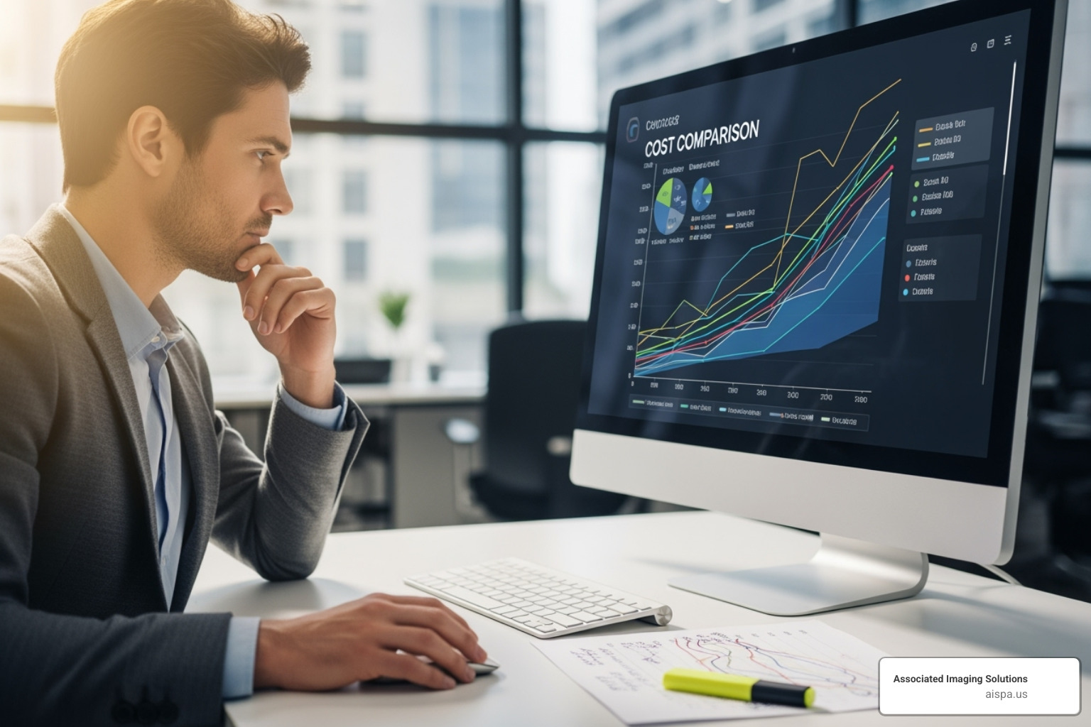 business person looking at a cost comparison graph - color copier rental