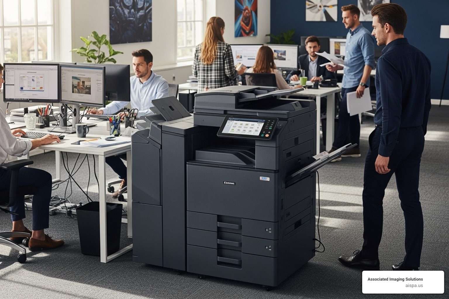 A robust, multi-functional office printer with fax capabilities, prominently placed in a busy, modern office environment, signifying its role as a central hub for document management and communication. - all in one printer with fax