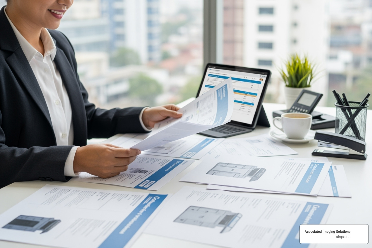 person comparing copier spec sheets - commercial copier