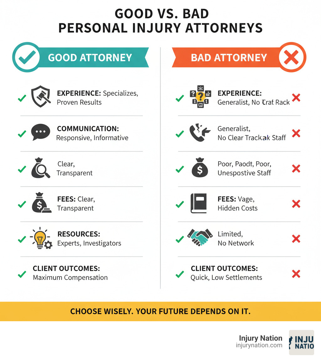 Infographic comparing good vs bad personal injury attorneys showing key differences in experience, communication, fees, resources, and client outcomes with visual icons and checkmarks versus X marks - personal injury attorney infographic 