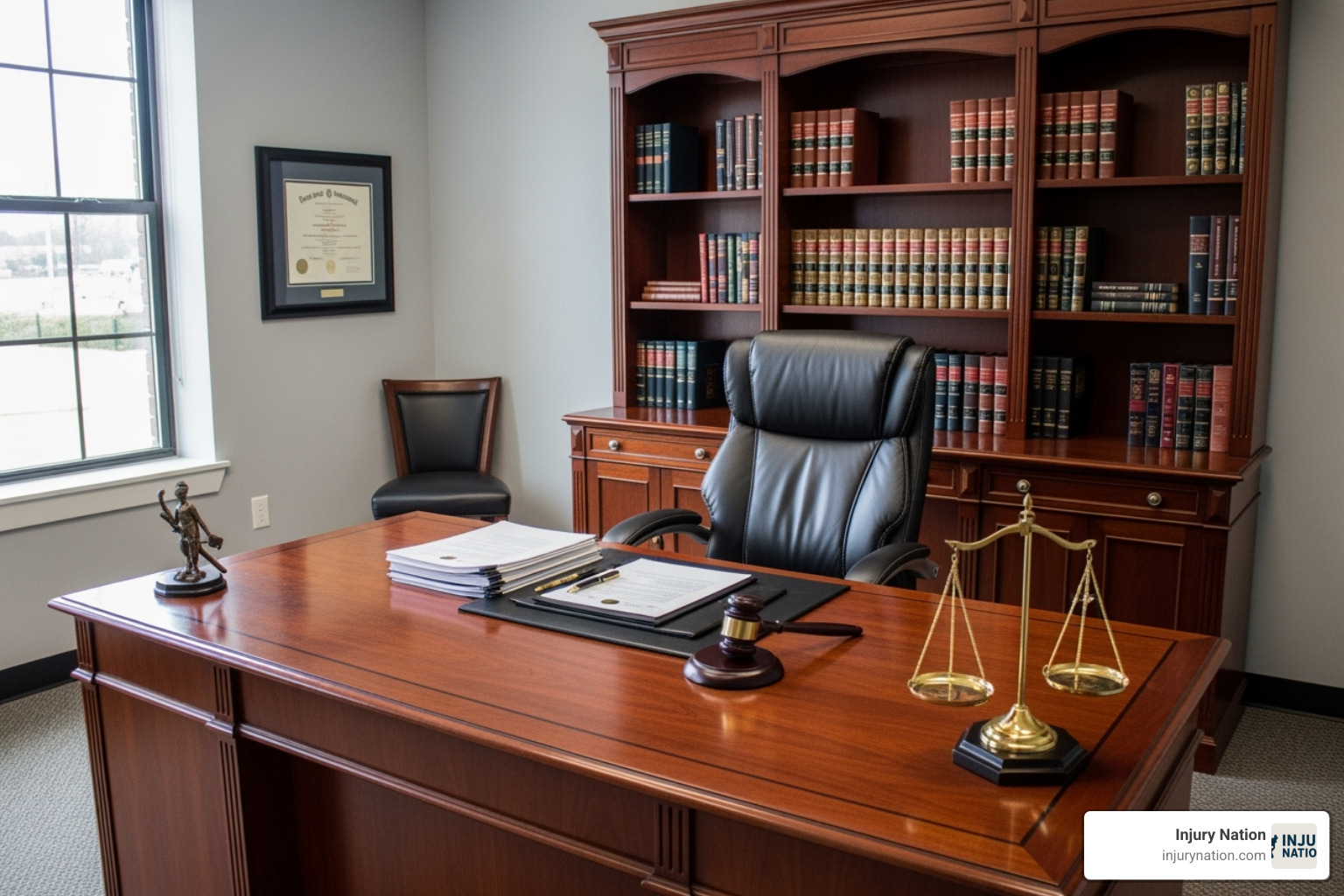 Law office interior with documents and legal symbols - personal injury attorney