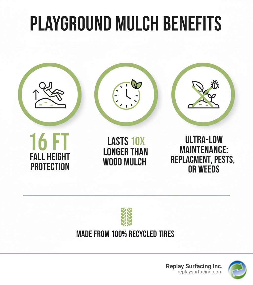 Infographic showing recycled rubber playground mulch benefits: Superior shock absorption with 16ft fall height protection, exceptional durability lasting 10x longer than wood mulch, and ultra-low maintenance with no annual replacement needed, pest resistance, and weed prevention - recycled rubber playground mulch infographic 