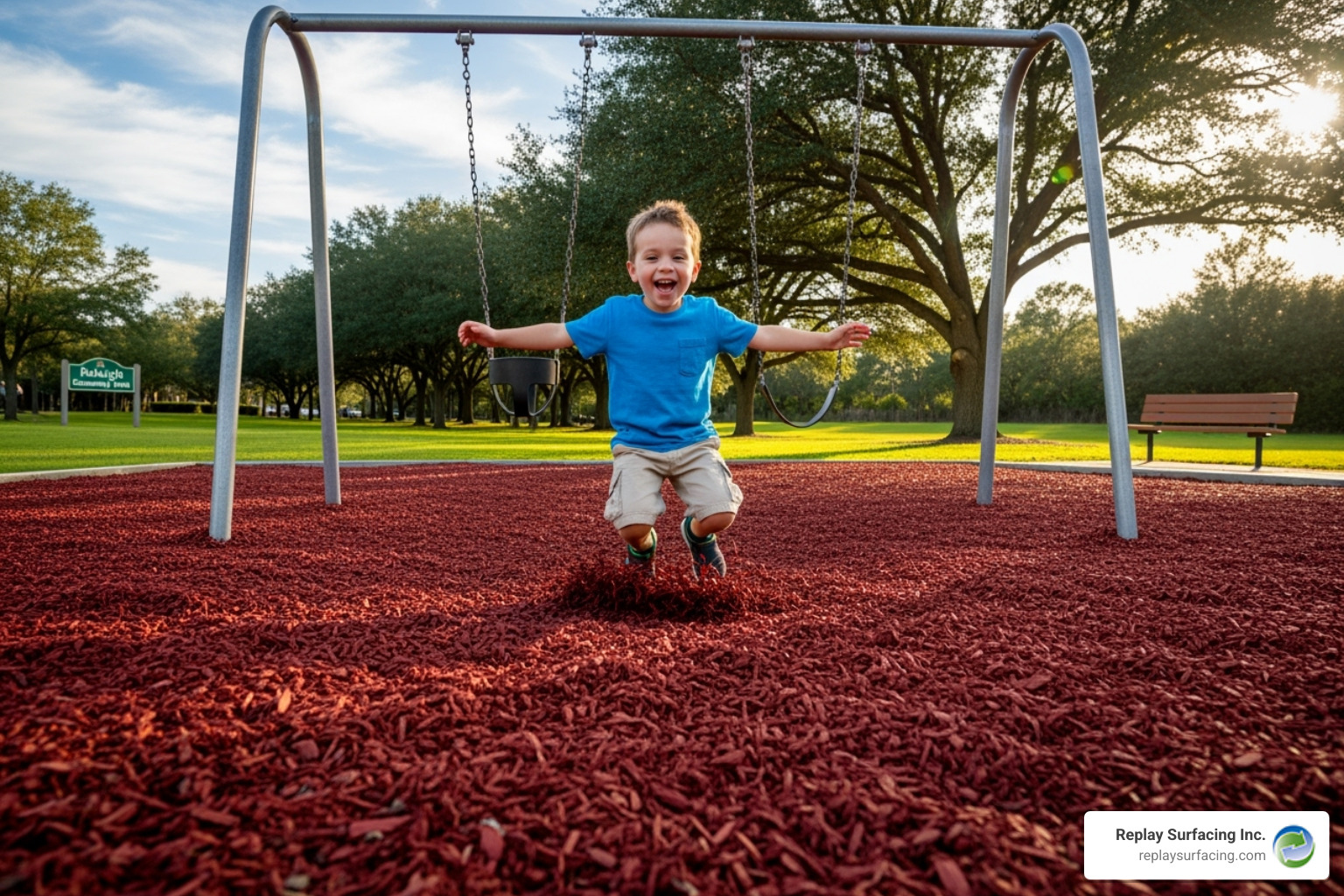 A child joyfully lands on a deep, vibrant red bed of recycled rubber mulch under a swing set in a community park in Raleigh, NC - recycled rubber playground mulch