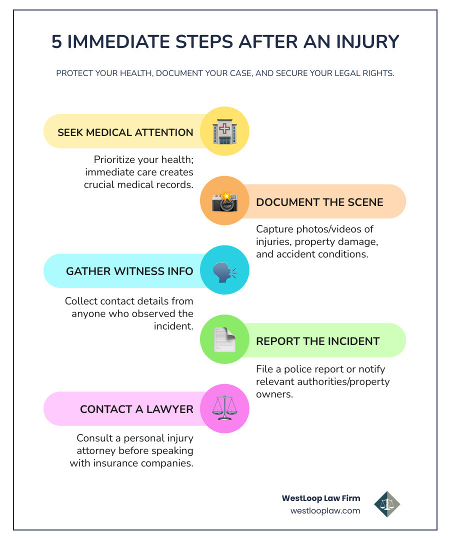 Infographic showing 5 immediate steps after an injury: 1) Seek medical attention immediately, 2) Document the accident scene with photos, 3) Gather witness contact information, 4) Report the incident to relevant authorities, 5) Contact a personal injury lawyer before speaking to insurance companies - personal injury law firms near me infographic infographic-line-5-steps-colors Infographic showing 5 immediate steps after an injury: 1) Seek medical attention immediately, 2) Document the accident scene with photos, 3) Gather witness contact information, 4) Report the incident to relevant authorities, 5) Contact a personal injury lawyer before speaking to insurance companies - personal injury law firms near me infographic infographic-line-5-steps-colors