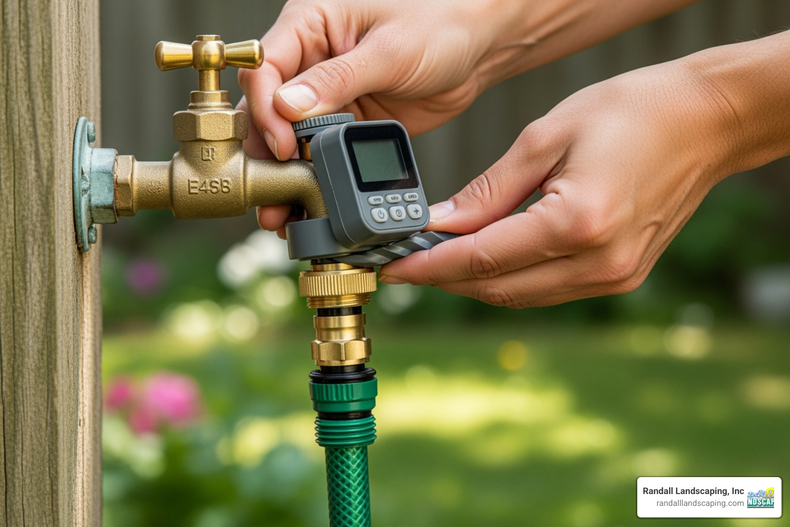 A person installing a garden irrigation system timer on an outdoor spigot - garden irrigation system timer