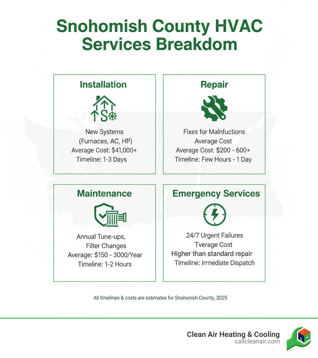 Comprehensive HVAC services breakdown showing installation, repair, maintenance, and emergency services with average costs and service timelines for Snohomish County homeowners - hvac services snohomish infographic 