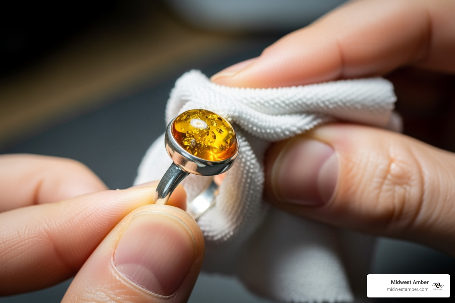 person gently cleaning an amber ring with a soft cloth - amber ring with bug