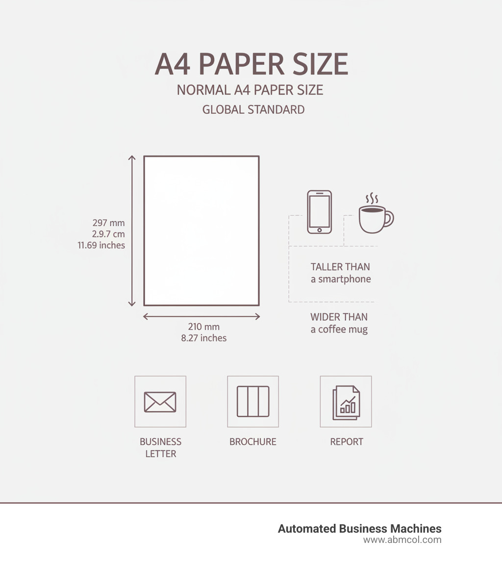 Infographic showing A4 paper dimensions in millimeters, centimeters, and inches, with visual comparisons to common objects like a smartphone and coffee mug, plus illustrations of common A4 uses including business letters, brochures, and reports - normal a4 paper size infographic 