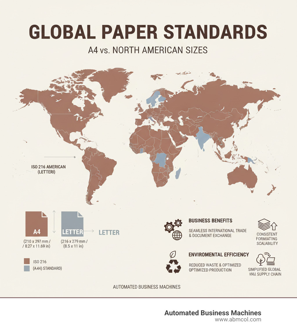 Infographic showing the global prevalence of A4 paper, highlighting countries that use ISO 216 vs. North American sizes, and illustrating the benefits of standardization for international business and environmental efficiency - normal a4 paper size infographic 