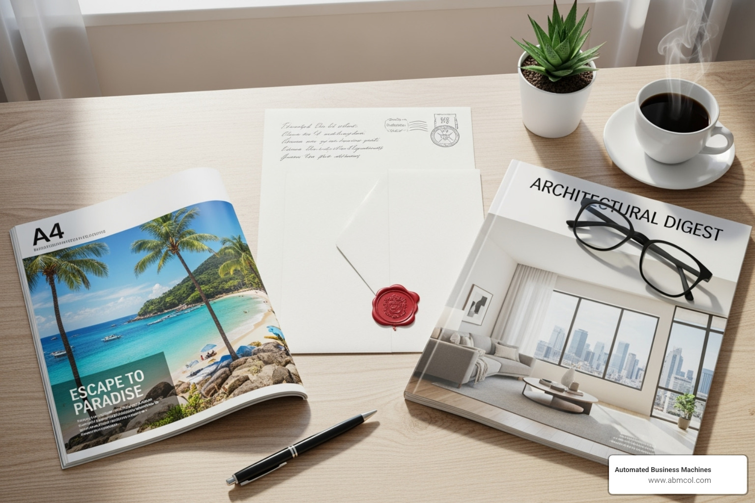 Image of various A4 documents like a brochure, a letter, and a magazine - normal a4 paper size