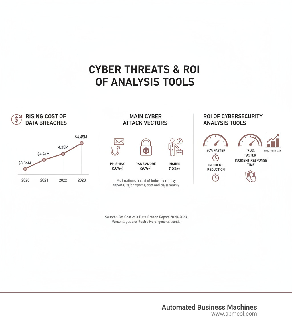 Comprehensive infographic showing the rising cost of data breaches from 2020 to 2023, main cyber attack vectors including phishing, ransomware, and insider threats, and the ROI of investing in cybersecurity analysis tools with statistics on threat detection speed and incident response time improvements - cyber security analysis tools infographic 