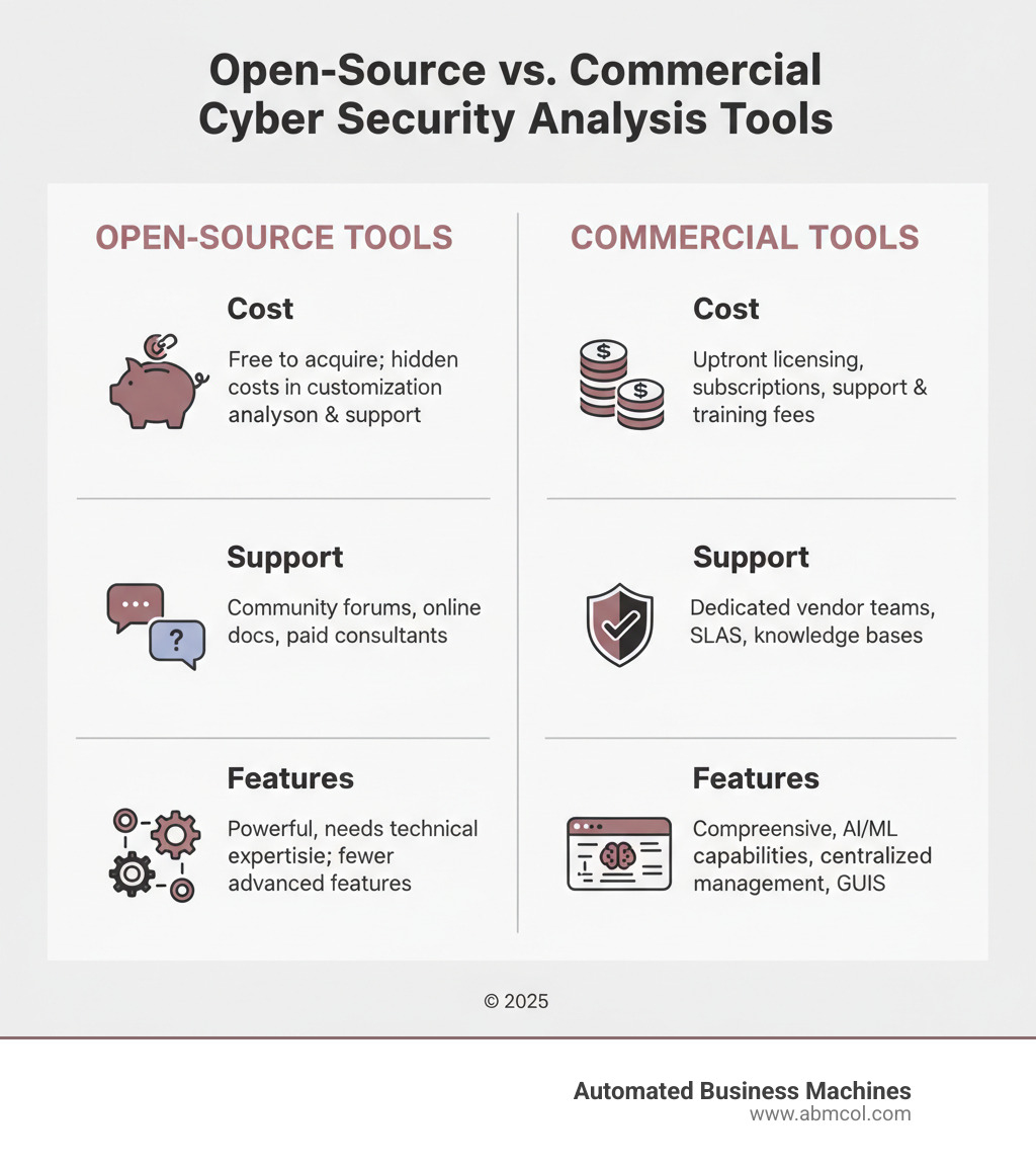comparison table for Open-Source and Commercial cyber security analysis tools - cyber security analysis tools infographic 