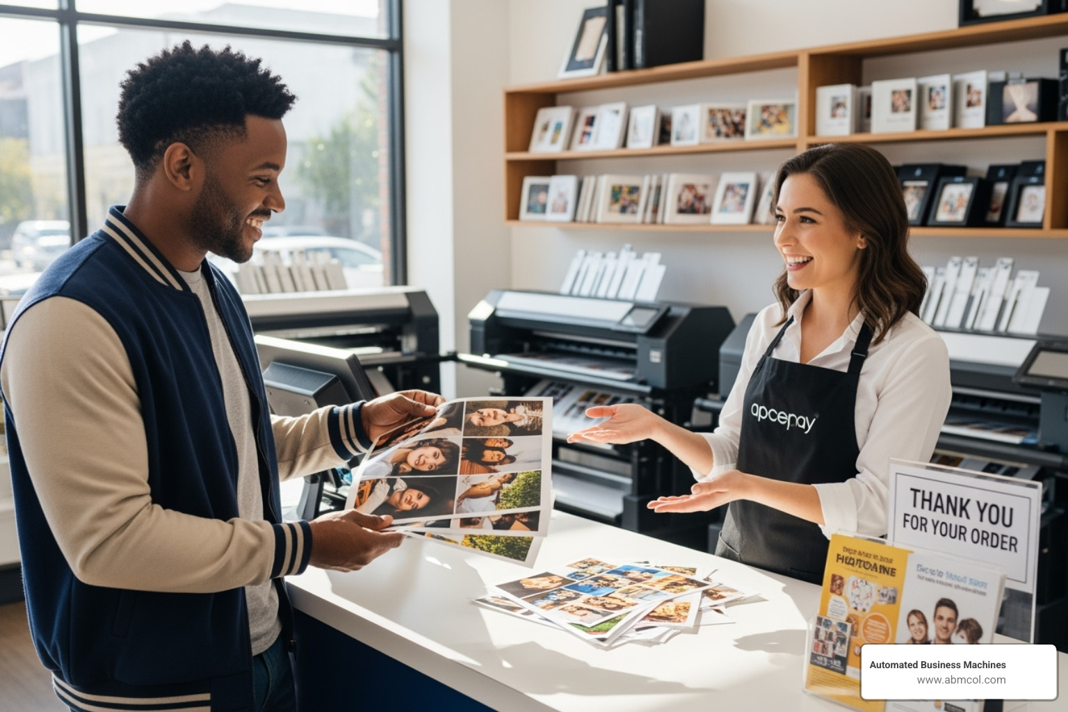 A satisfied customer receives their finished print order at a service counter, smiling as they inspect the high-quality materials. - copy and print services athens ga