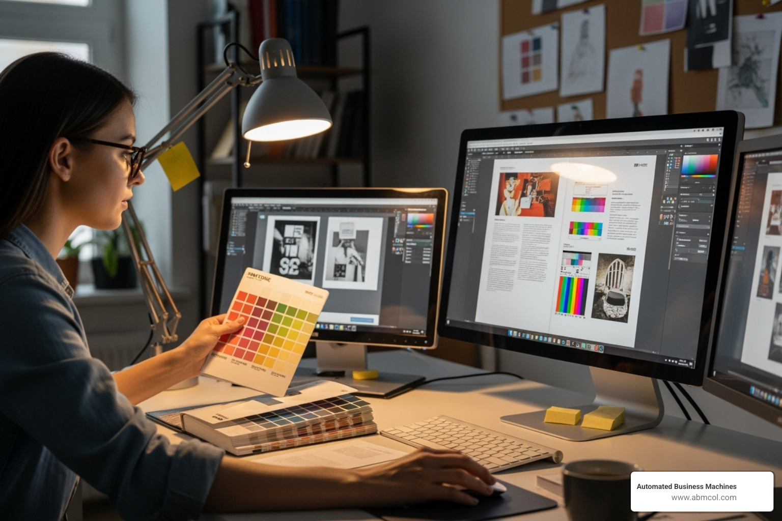 A graphic designer reviews a print proof on a computer screen, ensuring color accuracy and layout before sending to production. - copy and print services athens ga
