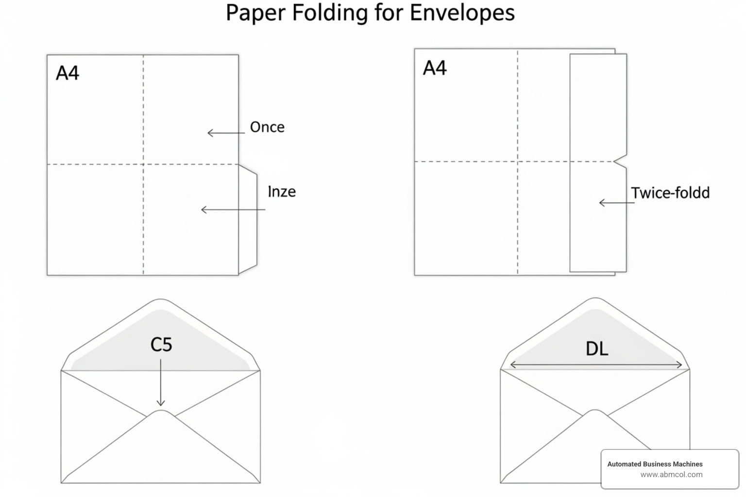 Diagram showing how an A4 sheet can be folded once to fit a C5 envelope, or twice to fit a DL envelope - A4 paper size