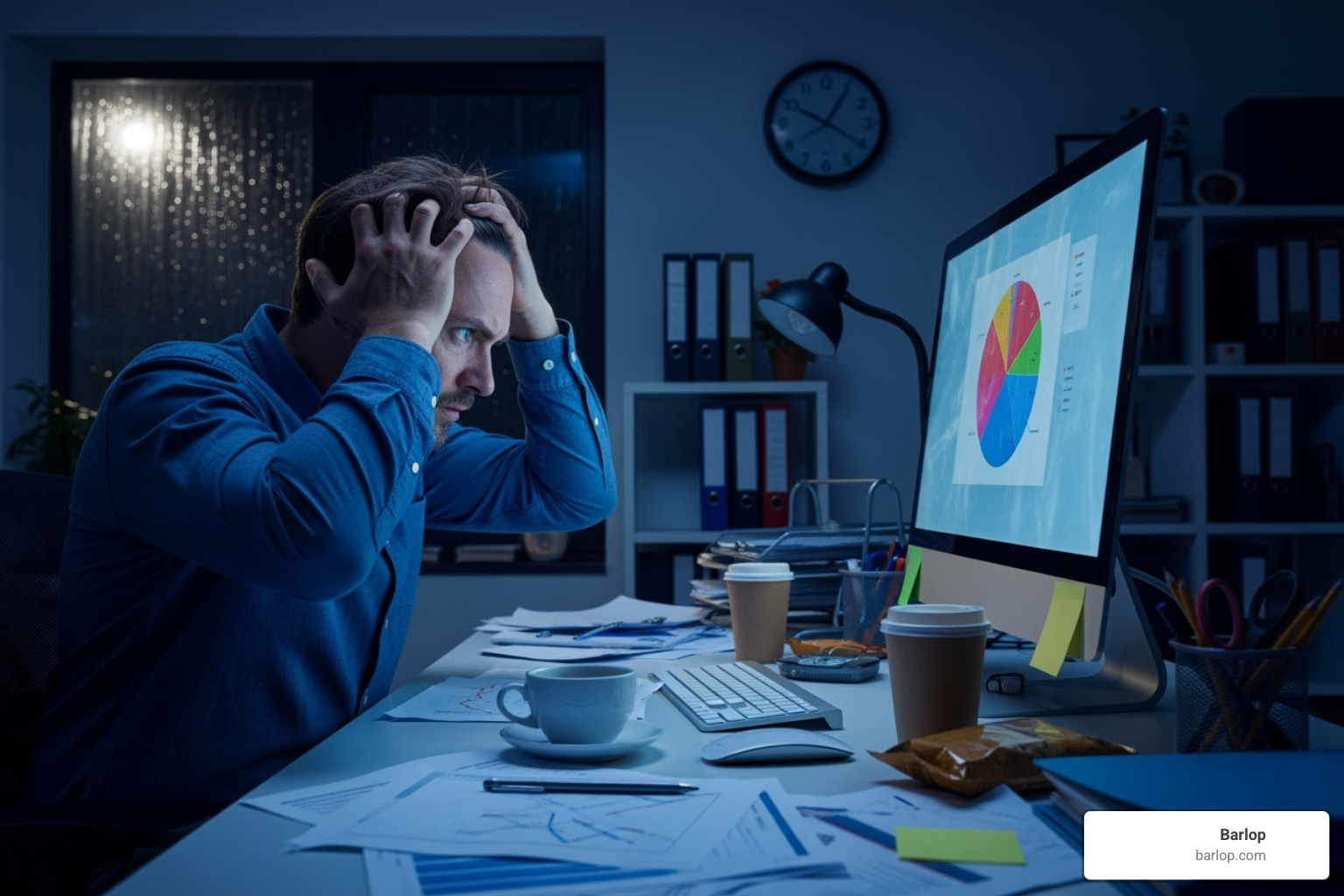 a frustrated business owner looking at a frozen computer screen - managed IT services Kendall
