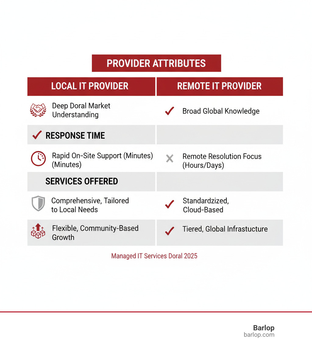 A table comparing provider attributes: Experience, Response Time, Services Offered, and Scalability - managed IT services Doral infographic 