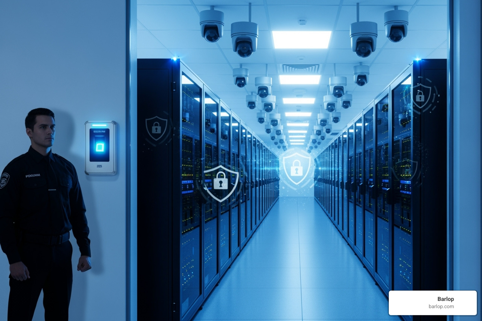 A secure, guarded data center aisle with rows of servers, emphasizing physical and digital security measures. - cloud services Miami