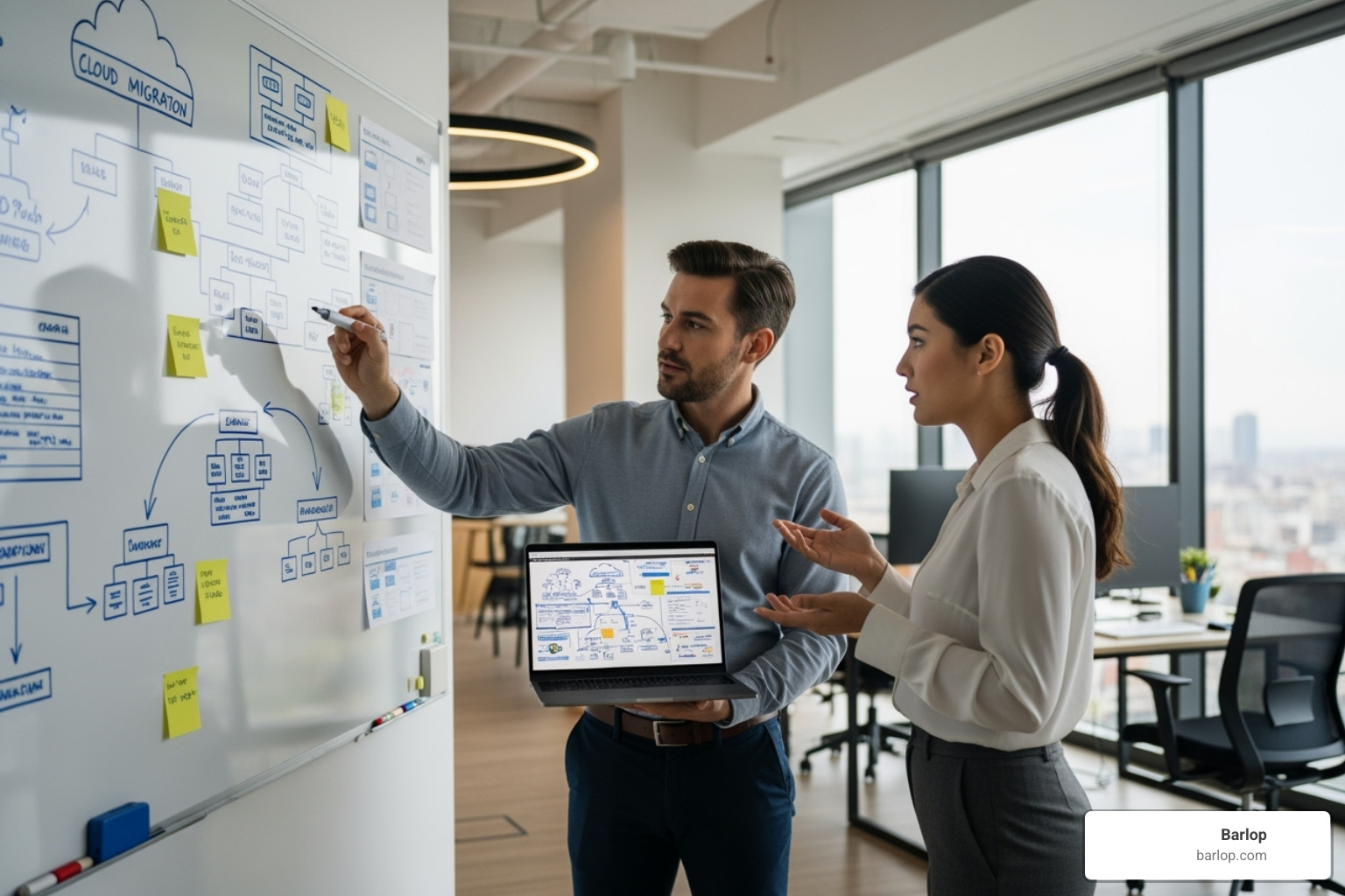 A consultant is planning a cloud migration strategy with a client, using diagrams and a laptop to visualize the process and discuss key steps. - cloud services Miami