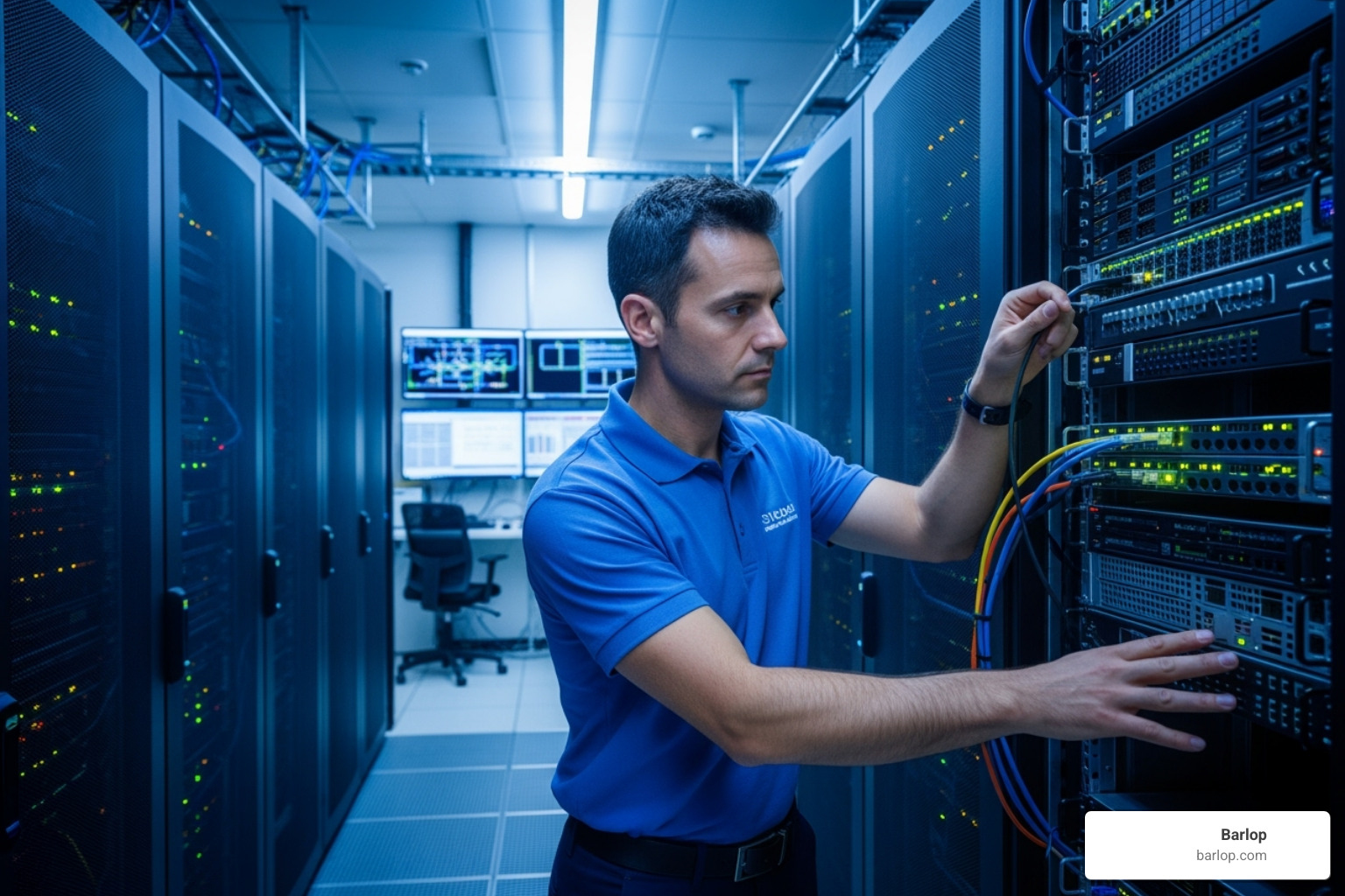 A network server room with a technician working on a rack - IT solutions Miami