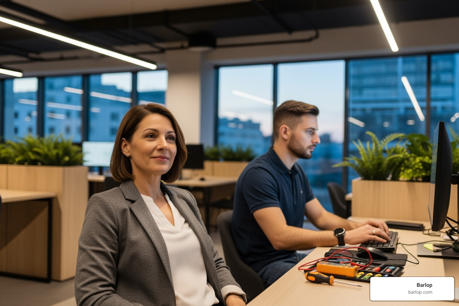 A business owner looking relieved while an IT professional works in the background - managed IT services Doral
