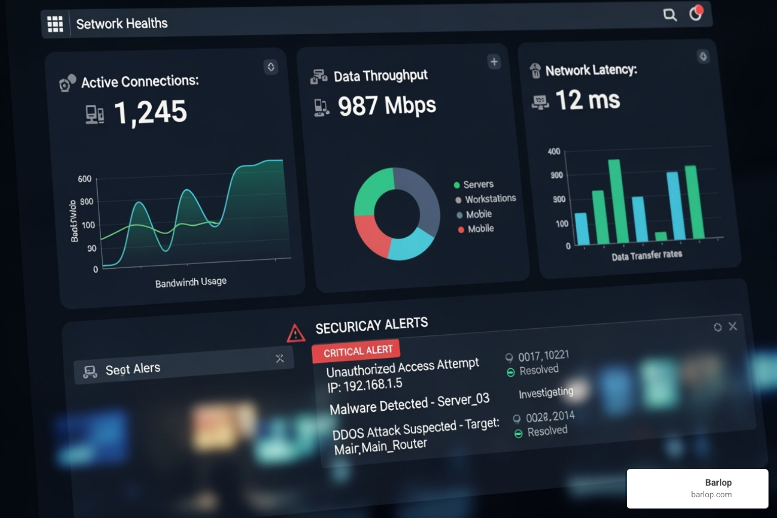 A dashboard displaying network health and security alerts - managed IT services Doral
