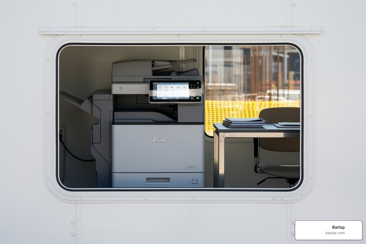 A construction site trailer with a modern multifunction copier visible through the window, suggesting a temporary office setup - short term copier rentals
