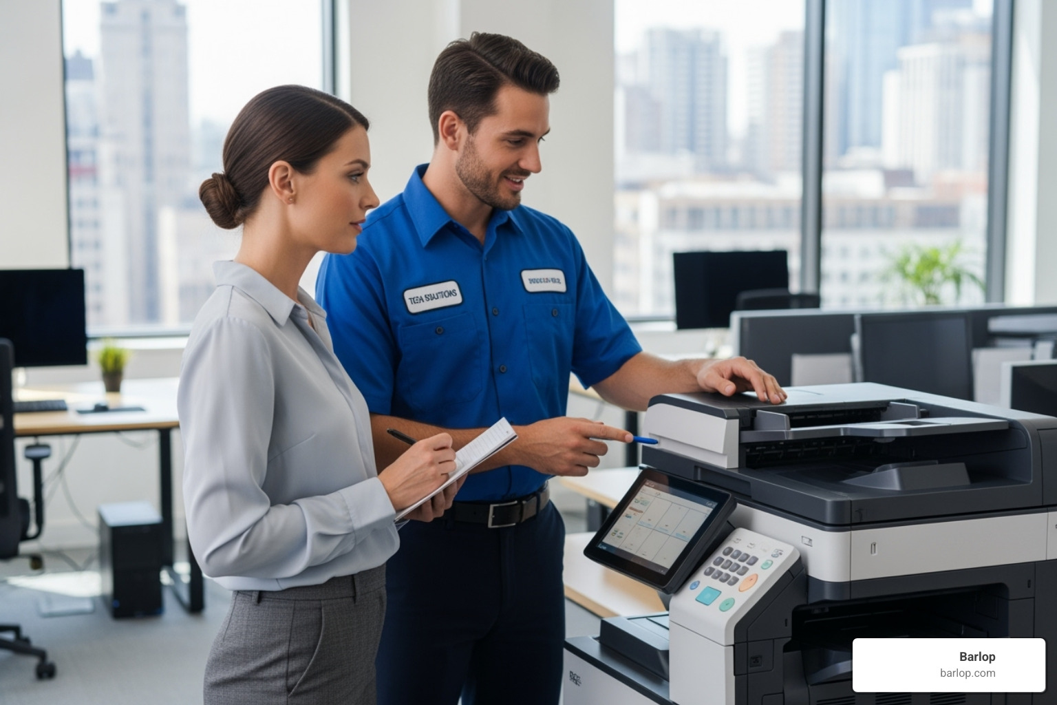 A friendly technician explaining the features of a multifunction copier to an office worker, highlighting user training during setup - short term copier rentals