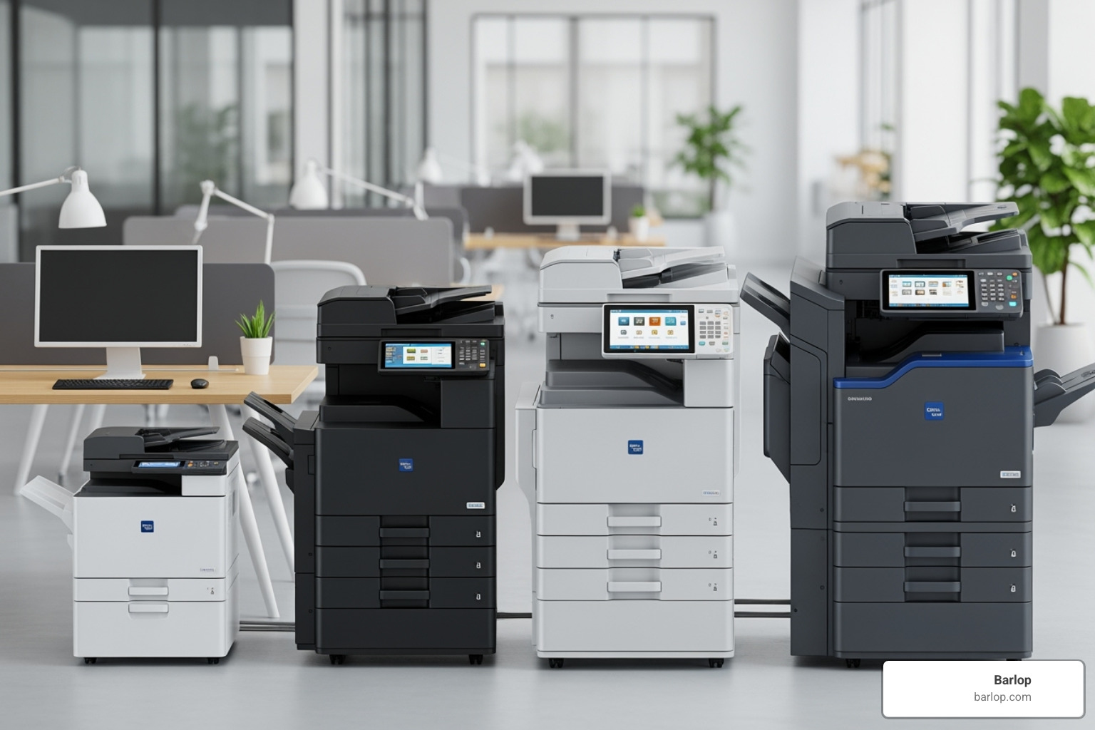 A lineup of different-sized copiers, from a compact desktop unit to a large, high-capacity multifunction device, showcasing variety in rental options - short term copier rentals