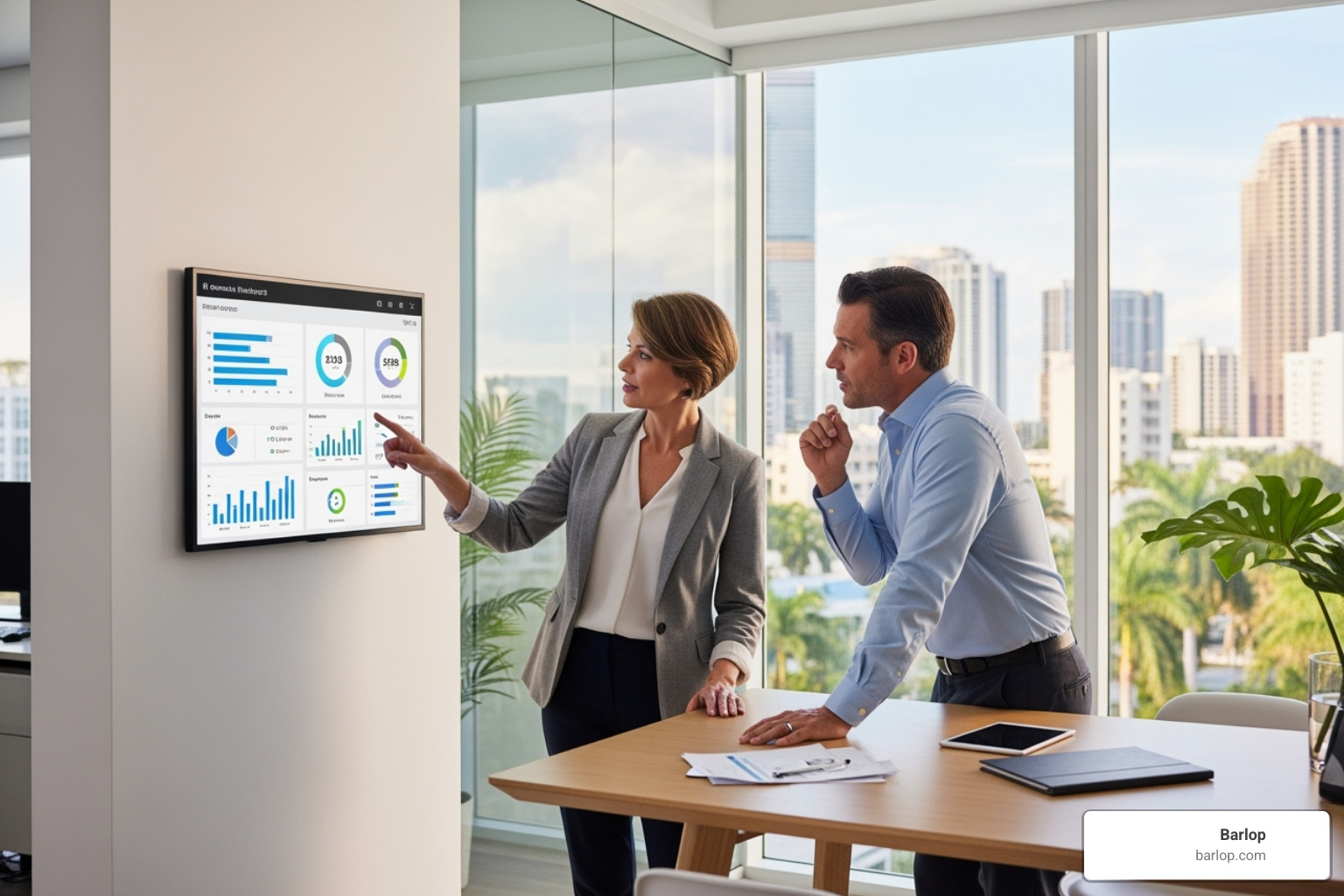 A business owner in a modern Miami office discussing a print strategy with a local MPS provider, pointing at a digital dashboard showing print analytics - managed print services Miami