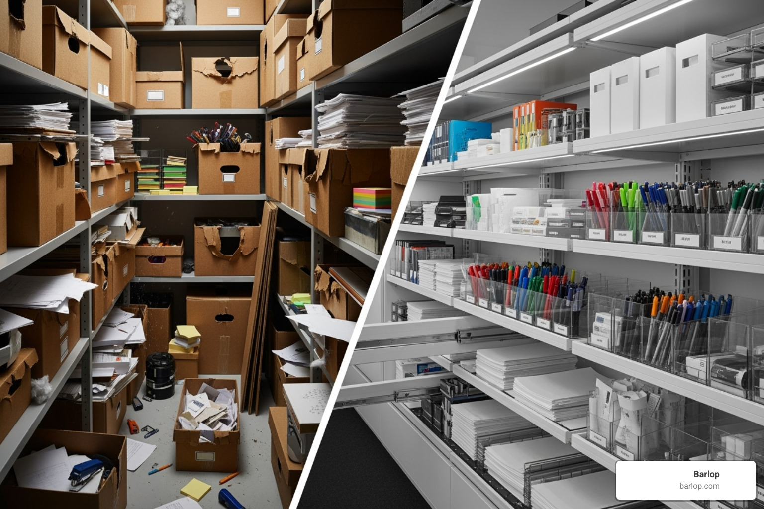 contrasting a cluttered office supply closet with an organized, automated supply system - managed print services Miami