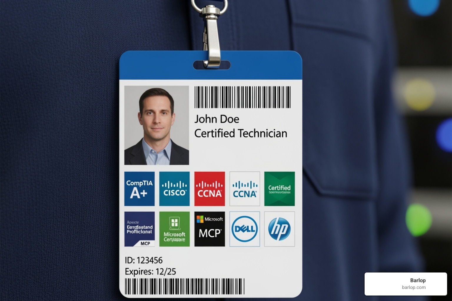 A close-up image of a certified technician's ID badge, clearly showing various certifications - printer repair South Florida