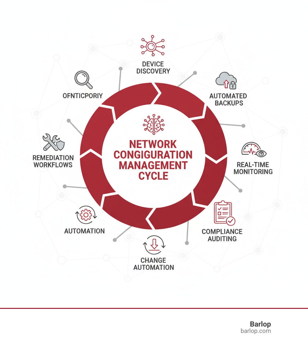 Comprehensive network configuration management cycle showing device findy, automated backups, real-time monitoring, compliance auditing, change automation, and remediation workflows - network configuration management infographic 