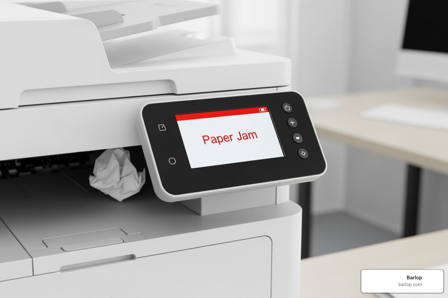 A printer displaying a "Paper Jam" error message on its screen - printer repair South Florida