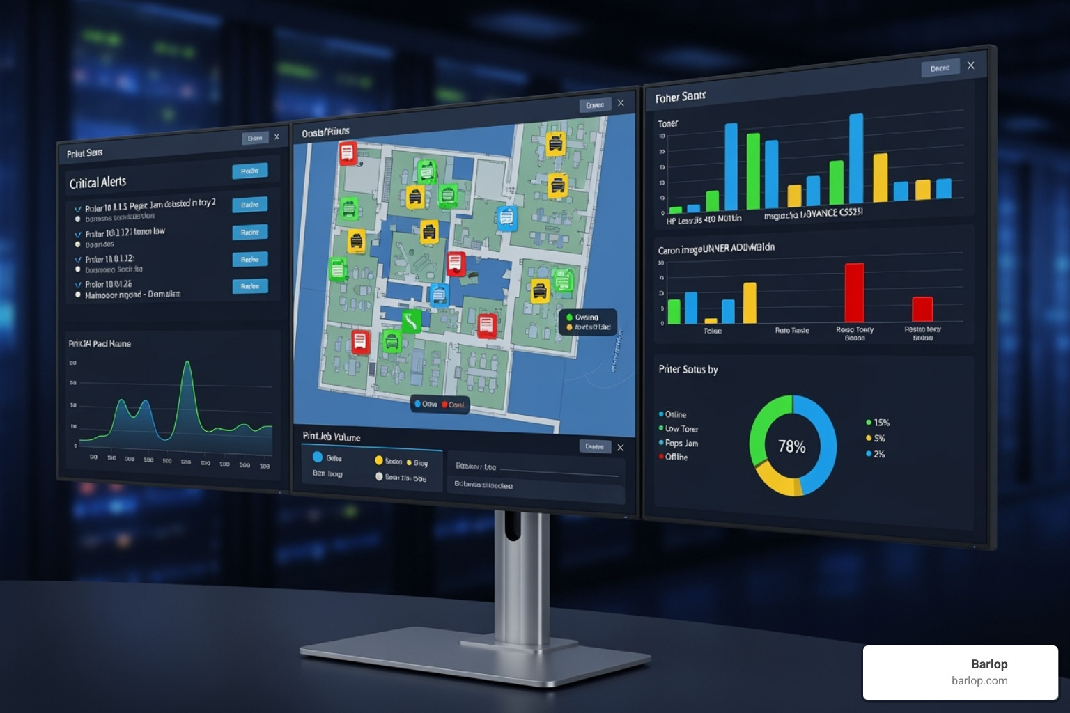 A network operations center dashboard displaying real-time monitoring data for a fleet of printers - printer repair South Florida