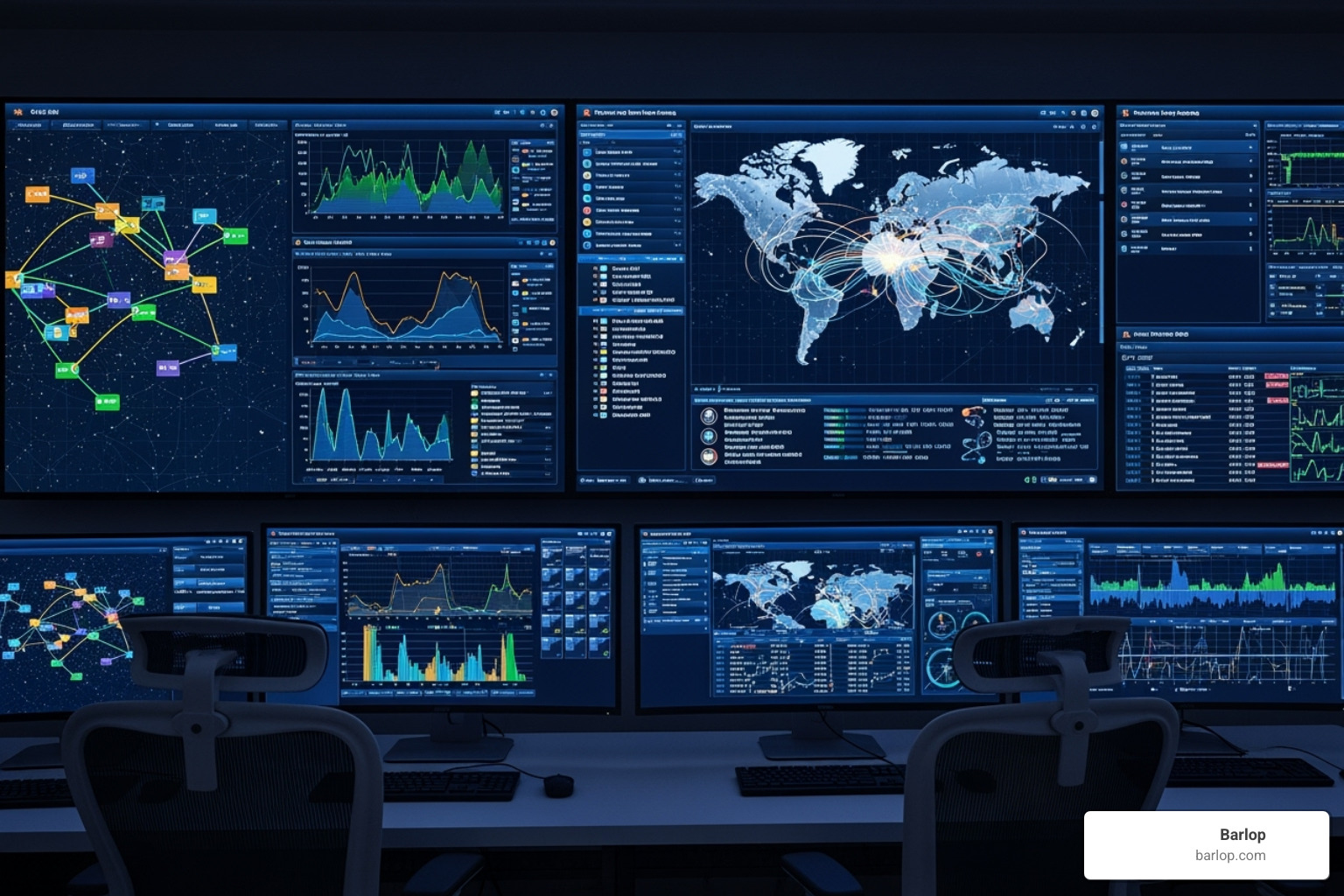 Network operations center dashboard displaying real-time system performance and security alerts - managed IT services Miami