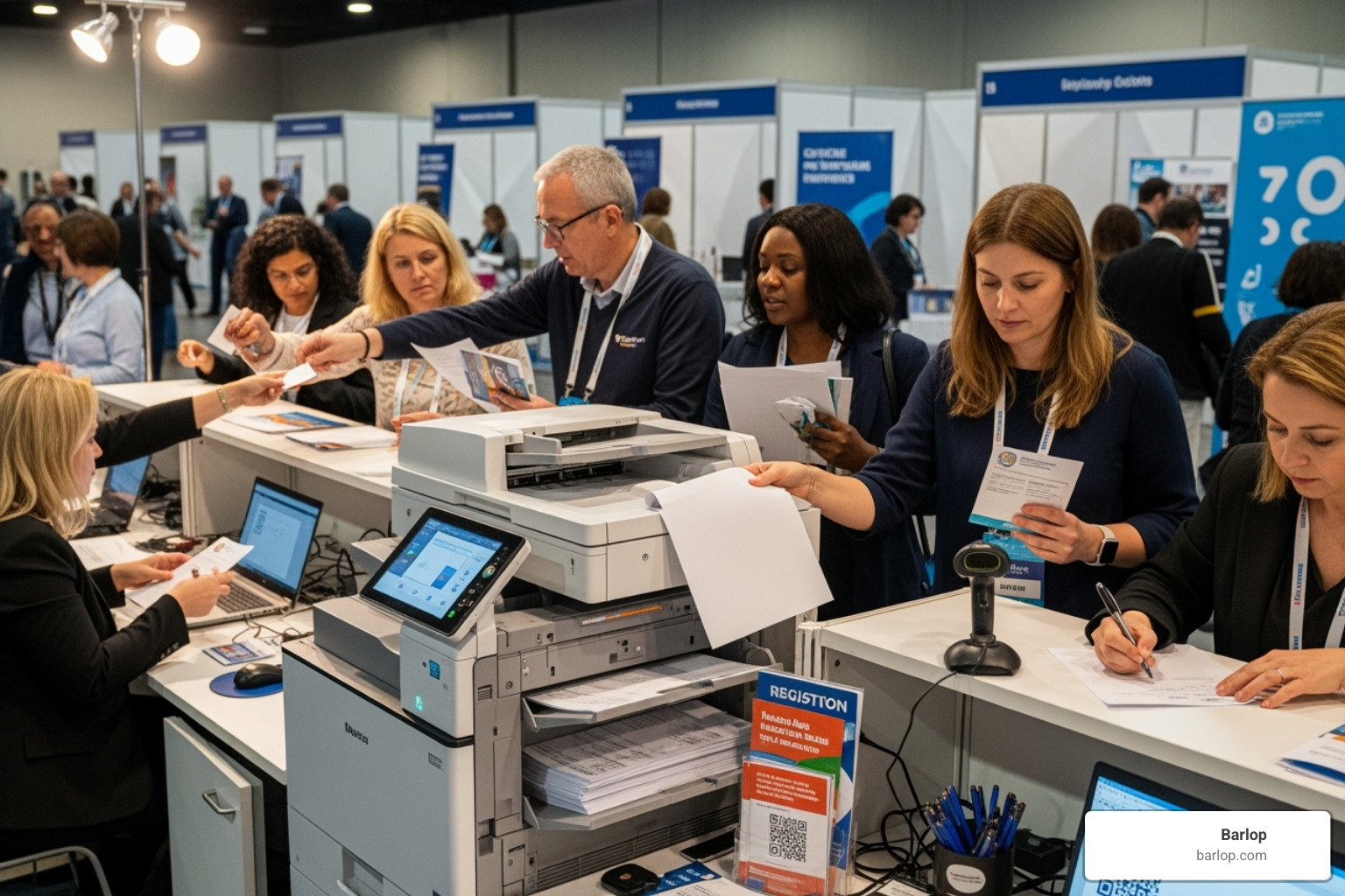 Copier in use at a busy conference registration desk - copier rental Fort Lauderdale
