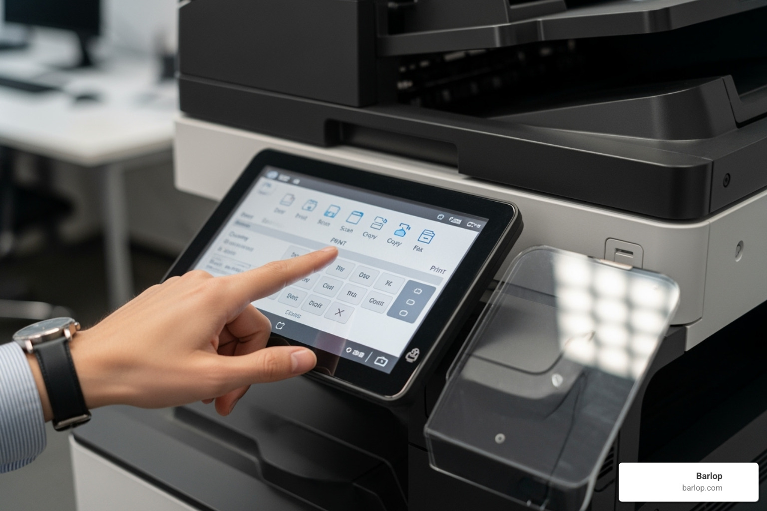 User selecting options on a modern copier touchscreen - copier rental Fort Lauderdale
