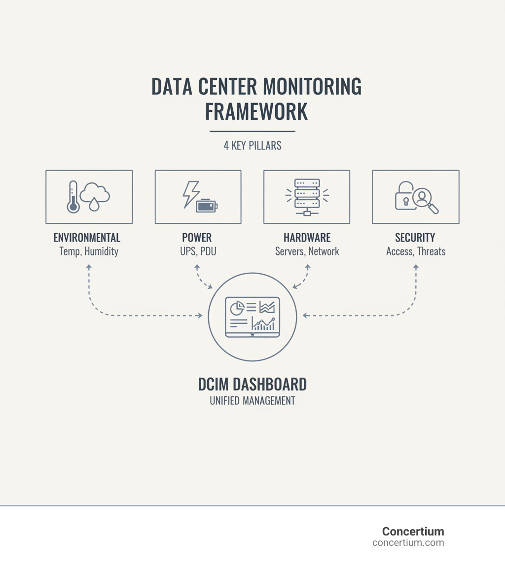Comprehensive data center monitoring framework showing the four key pillars: Environmental monitoring with temperature and humidity sensors, Power monitoring including UPS and PDU systems, Hardware monitoring covering servers and network devices, and Security monitoring with access controls and threat detection systems, all connected to a central DCIM dashboard for unified management - how to monitor and manage your data center network infographic Comprehensive data center monitoring framework showing the four key pillars: Environmental monitoring with temperature and humidity sensors, Power monitoring including UPS and PDU systems, Hardware monitoring covering servers and network devices, and Security monitoring with access controls and threat detection systems, all connected to a central DCIM dashboard for unified management - how to monitor and manage your data center network infographic