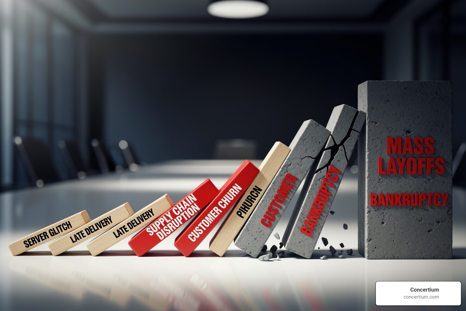 Domino effect showing one compliance failure leading to larger business problems - compliance governance