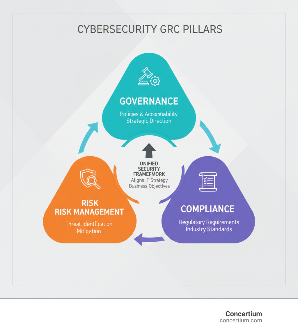 Infographic showing the three interconnected pillars of cybersecurity GRC: Governance (policies and accountability at the top), Risk Management (threat identification and mitigation on the left), and Compliance (regulatory requirements and standards on the right), with arrows showing how they work together to create a unified security framework that aligns IT strategy with business objectives - cyber security governance risk and compliance infographic 