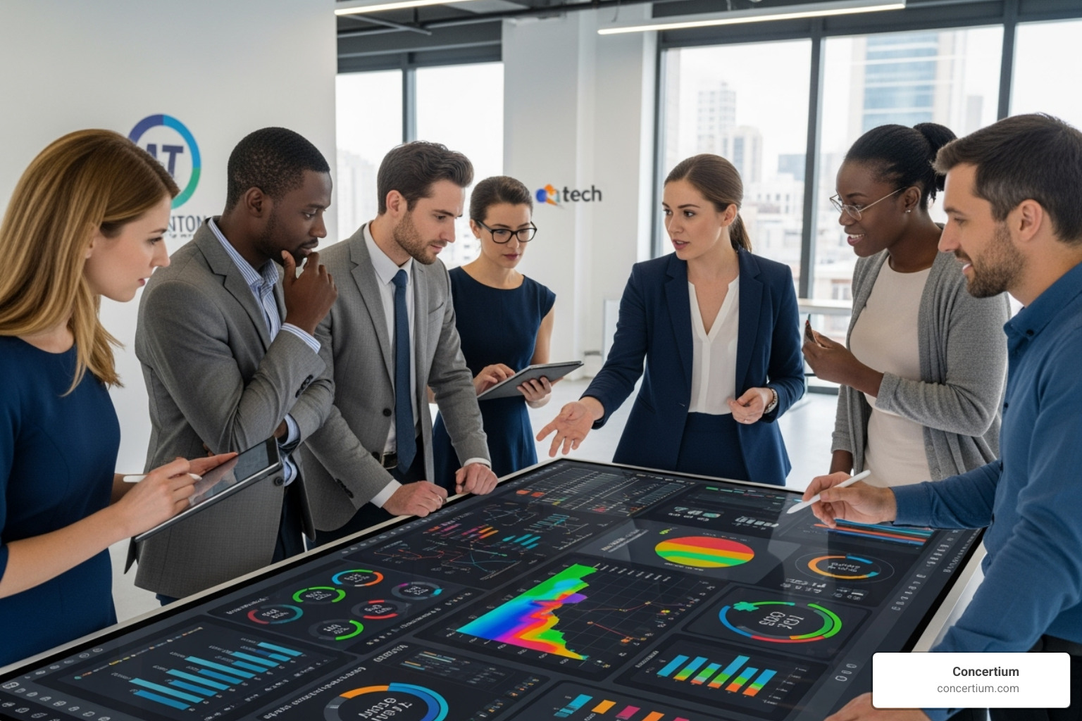 team collaborating around a GRC dashboard, solving a problem - cyber security governance risk and compliance