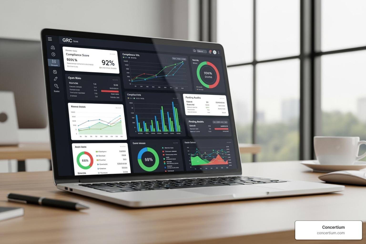 GRC software dashboard on a laptop with charts and graphs - define governance risk and compliance GRC software dashboard on a laptop with charts and graphs - define governance risk and compliance