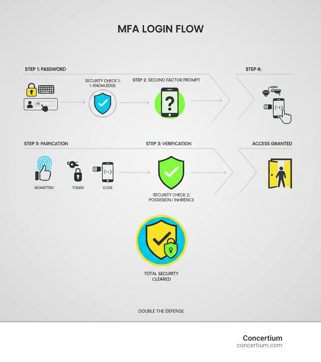 Comprehensive infographic showing MFA login flow: user enters password, system prompts for second factor, user provides biometric/token/code verification, system grants access with all security checkpoints highlighted - multi-factor authentication solutions infographic Comprehensive infographic showing MFA login flow: user enters password, system prompts for second factor, user provides biometric/token/code verification, system grants access with all security checkpoints highlighted - multi-factor authentication solutions infographic