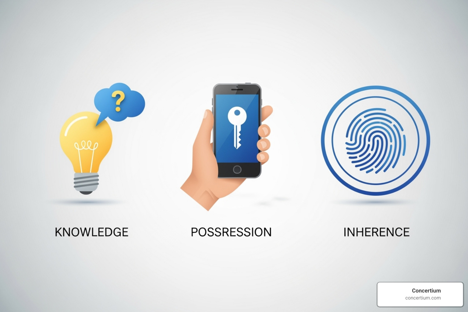 illustrating the three authentication factors: a brain icon for "something you know", a hand holding a phone for "something you have", and a face for "something you are" - multi-factor authentication solutions illustrating the three authentication factors: a brain icon for "something you know", a hand holding a phone for "something you have", and a face for "something you are" - multi-factor authentication solutions