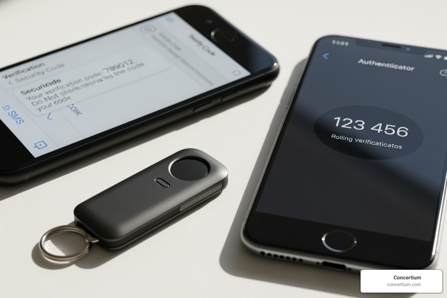 showing a hardware token, a smartphone with an authenticator app, and an SMS code - multi-factor authentication solutions showing a hardware token, a smartphone with an authenticator app, and an SMS code - multi-factor authentication solutions