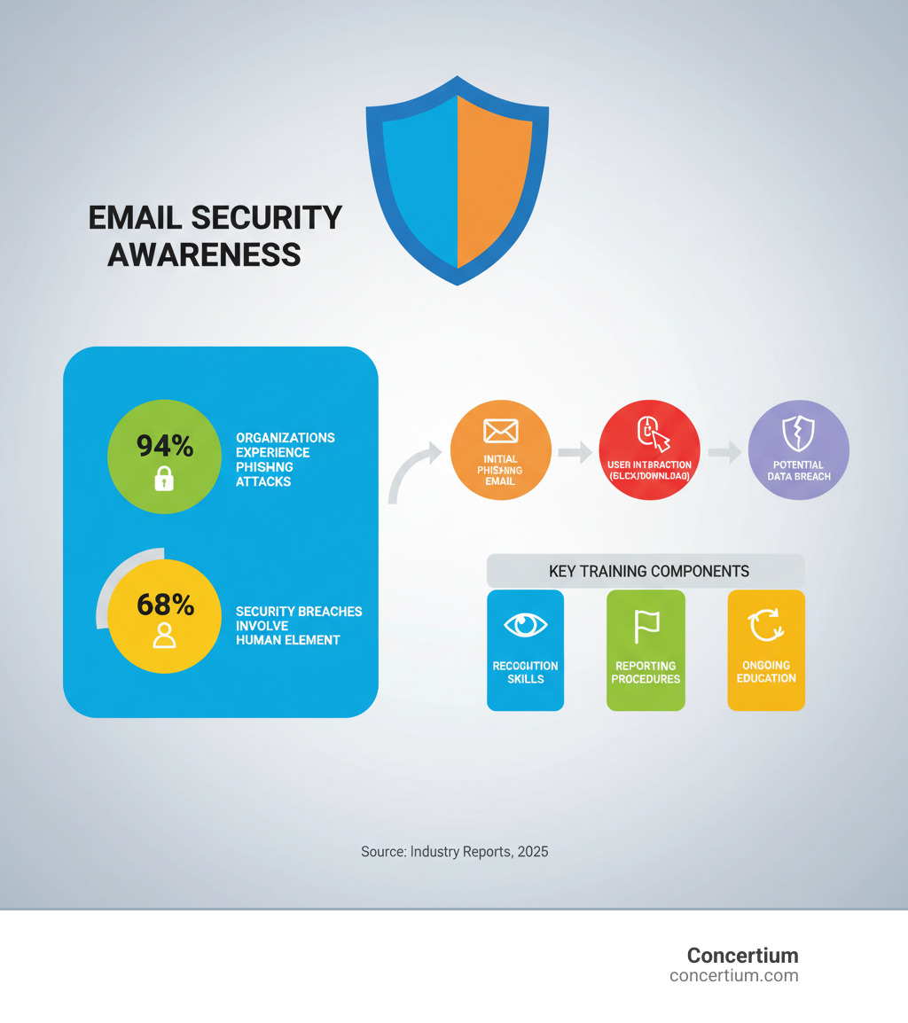 Comprehensive infographic showing email security awareness statistics including 94% of organizations experiencing phishing attacks, 68% of security breaches involving human element, progression from initial phishing email through user interaction to potential data breach, and key training components like recognition skills, reporting procedures, and ongoing education - email security awareness infographic  Comprehensive infographic showing email security awareness statistics including 94% of organizations experiencing phishing attacks, 68% of security breaches involving human element, progression from initial phishing email through user interaction to potential data breach, and key training components like recognition skills, reporting procedures, and ongoing education - email security awareness infographic