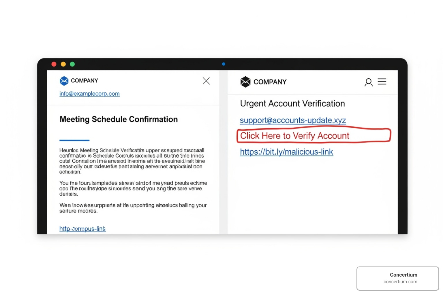 A side-by-side comparison image showing a legitimate email on the left and a phishing email on the right, highlighting key differences like sender address, suspicious links, and urgent language - email security awareness A side-by-side comparison image showing a legitimate email on the left and a phishing email on the right, highlighting key differences like sender address, suspicious links, and urgent language - email security awareness