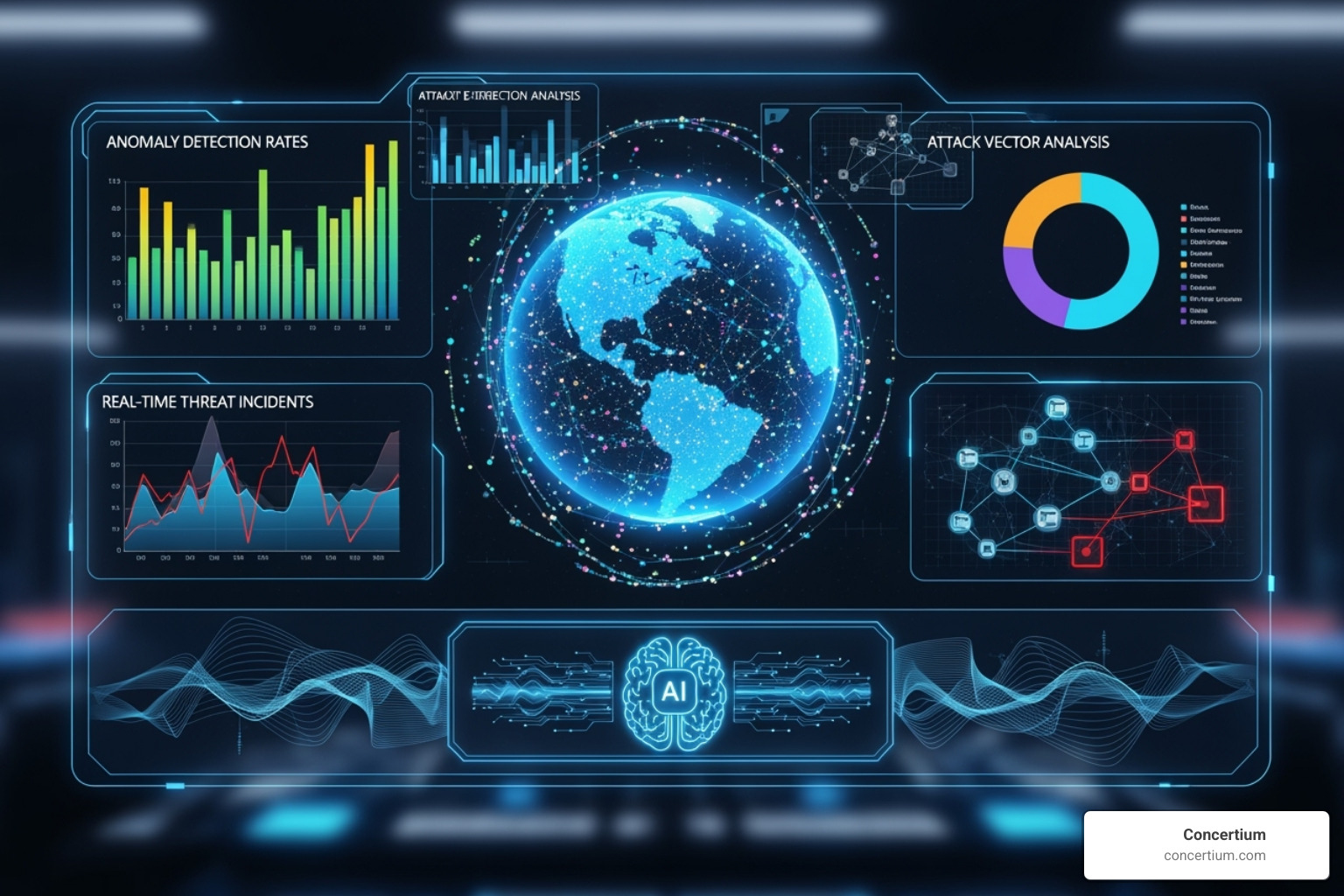 A dashboard displaying AI-driven threat detection and real-time security analytics, with various charts and graphs indicating email traffic, threat levels, and incident responses - email security awareness A dashboard displaying AI-driven threat detection and real-time security analytics, with various charts and graphs indicating email traffic, threat levels, and incident responses - email security awareness